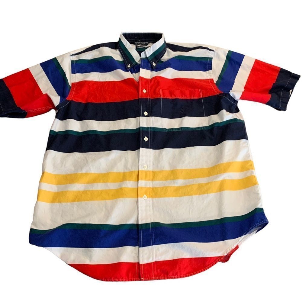 Nautica Men’s Stripe Button Down Shirt Large Short Sleeve One Pocket